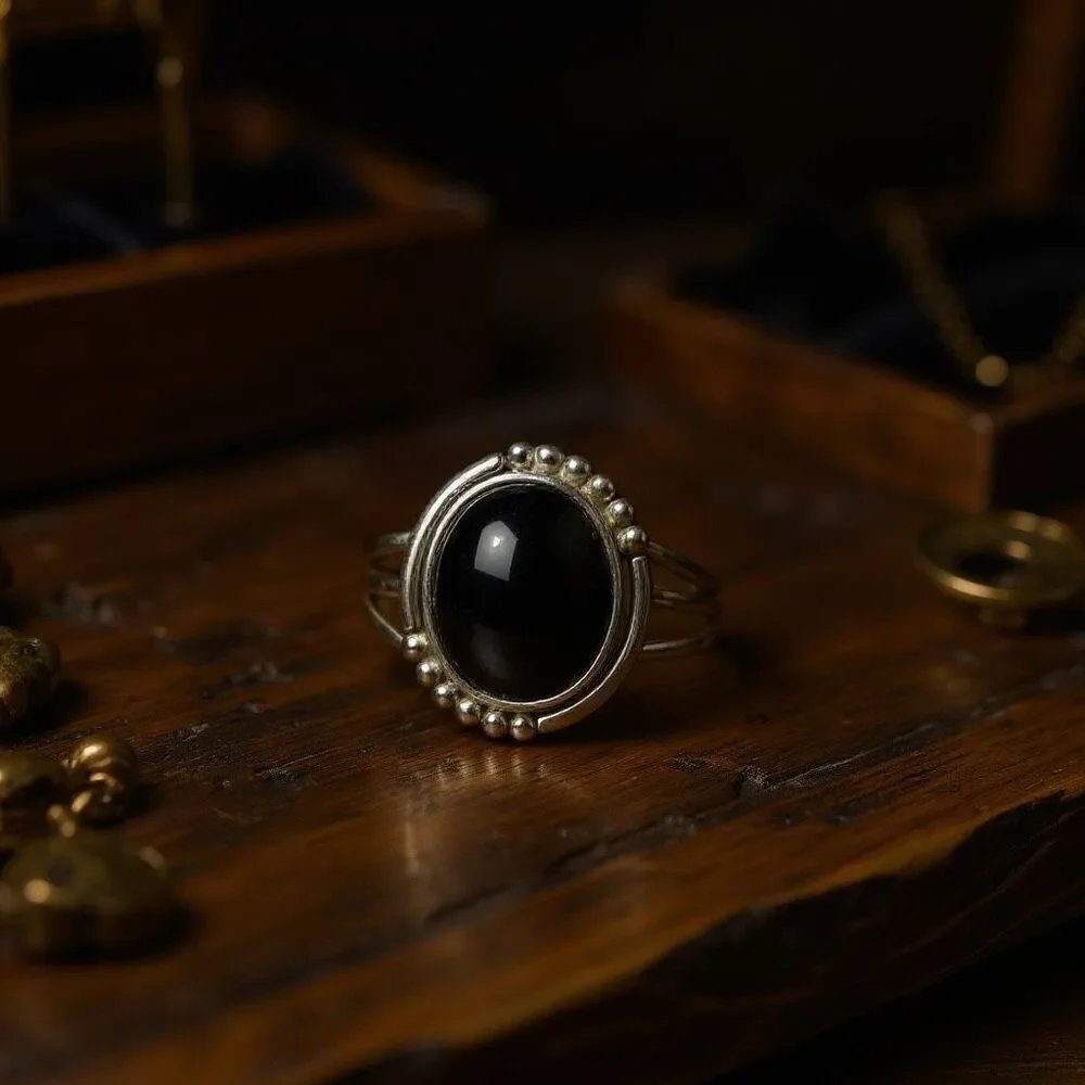 Bold Elegance: Handcrafted Sterling Silver Ring with Oval Black Star Diopside